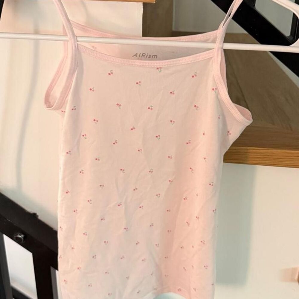 Uniqlo pink cherry print tank top with small red cherry print